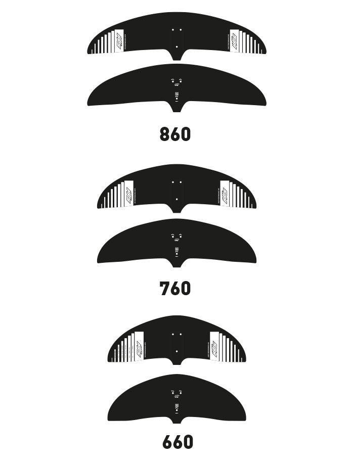 Übersicht der einzelnen Flügelgrößen der Axis Foils SP Serie vor weißem Hintergrund.