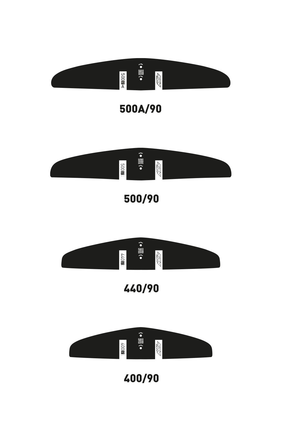 Übersicht der einzelnen Flügelgrößen der Axis Rear Wing Freeride Foil Serie vor weißem Hintergrund.