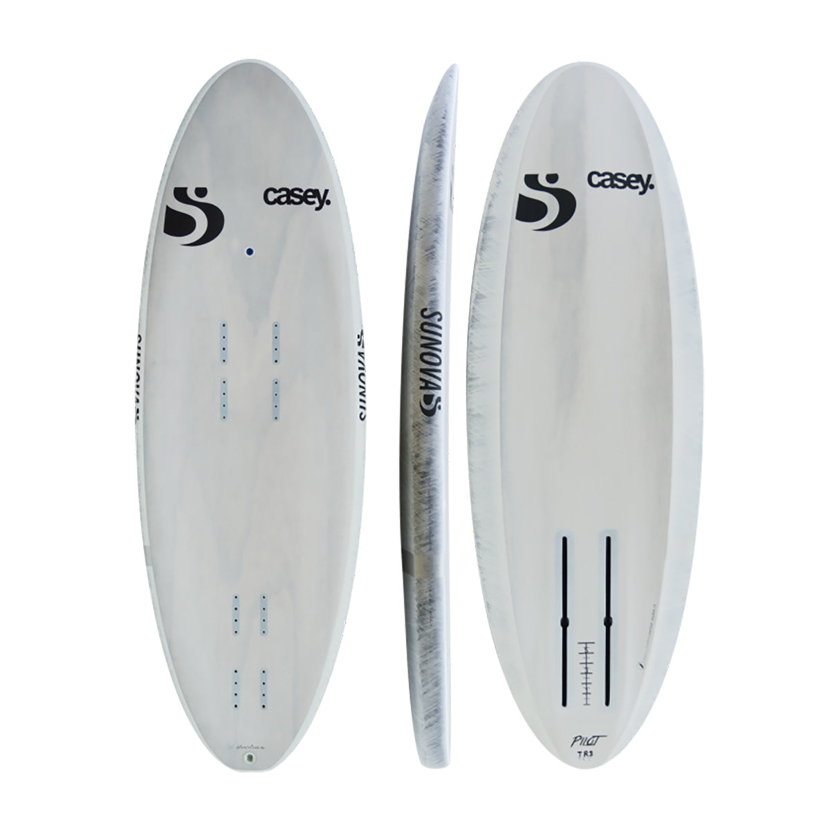 Drei Ansichten des Sunova Casey Aviator Pilot Surf Prone Board in der TR3 Bauweise.