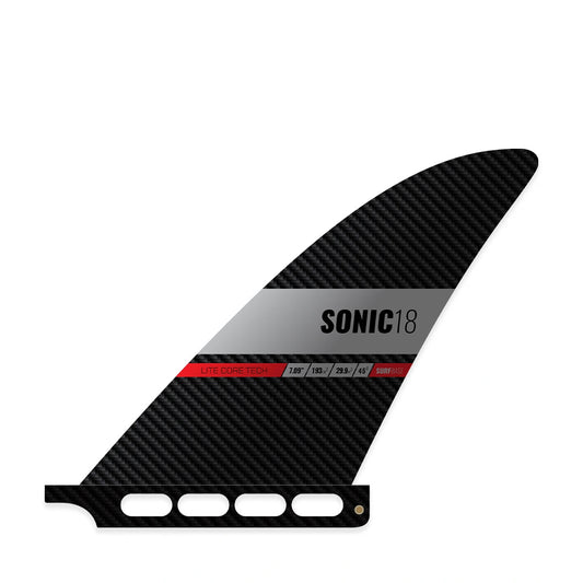 Linke Seite der SUP Finne Black Project Sonic mit Surf Box Base.