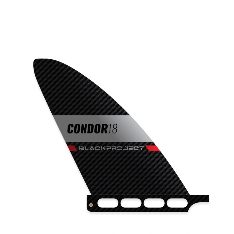 Rechte Seite der SUP Finne Black Project Condor mit Surf Box Base.