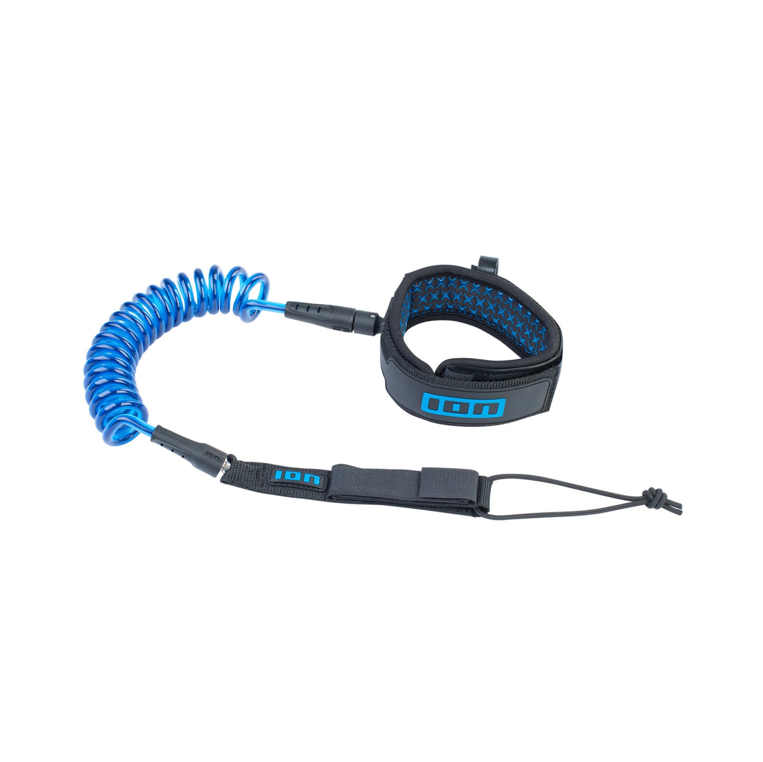 ION Core Leash für die Befestigung unter dem Knie in blau für ein Wingfoil Board vor weißem Hintergrund.