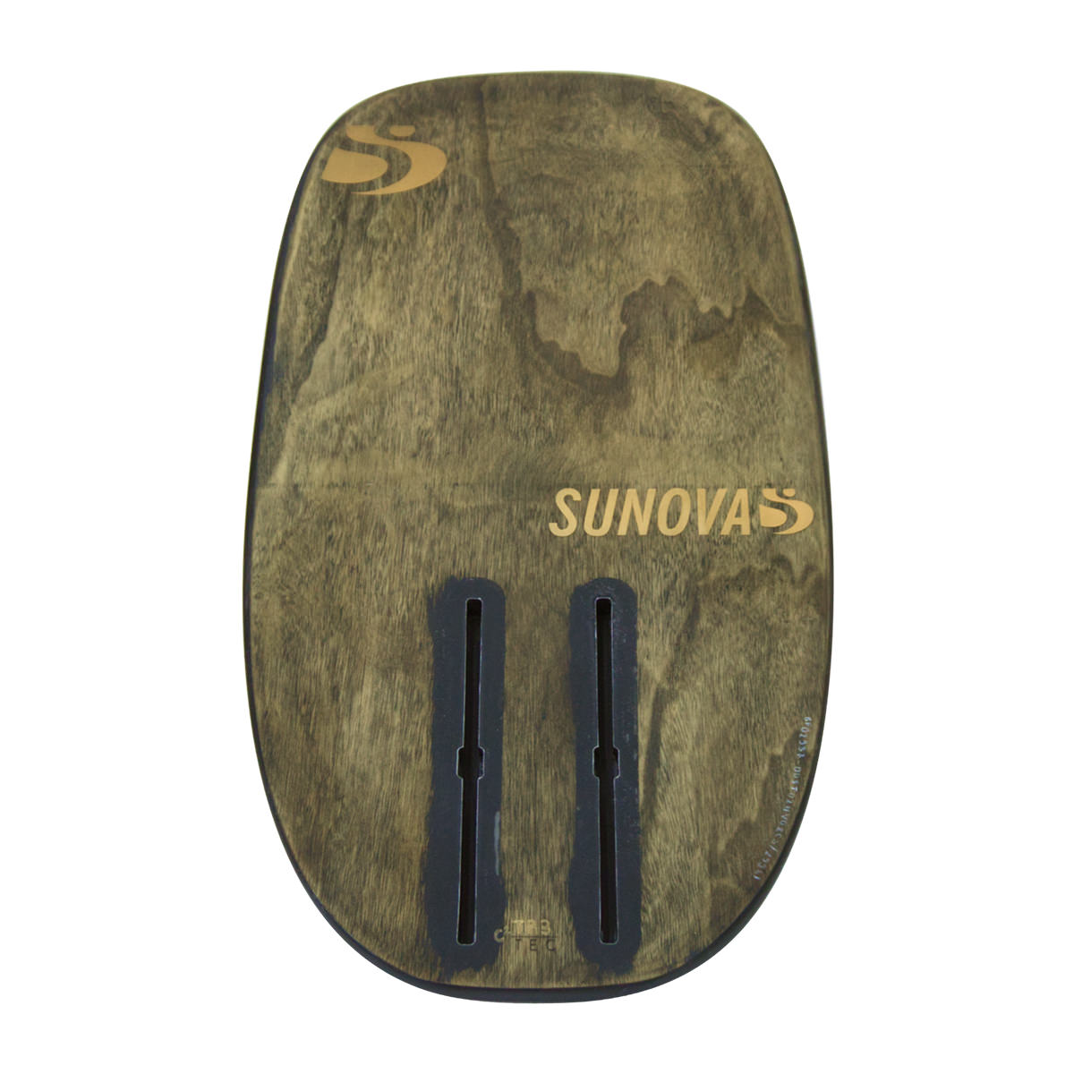 Heck Ansicht der Unterseite des Sunova Dockstart Pumpfoil Board in der TR3 Bauweise.