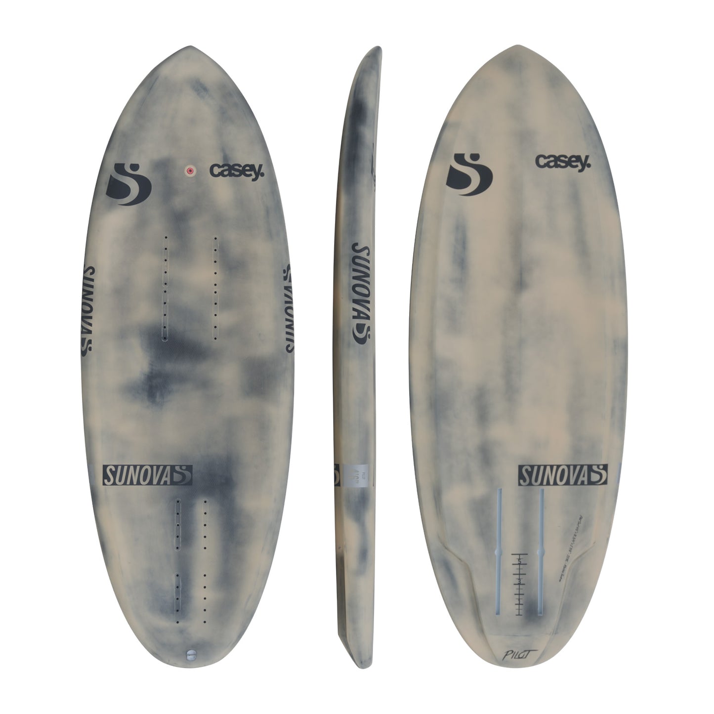 Drei Ansichten des Sunova Casey Pilot Surf Pronefoil Board in der CarbonTec Bauweise.