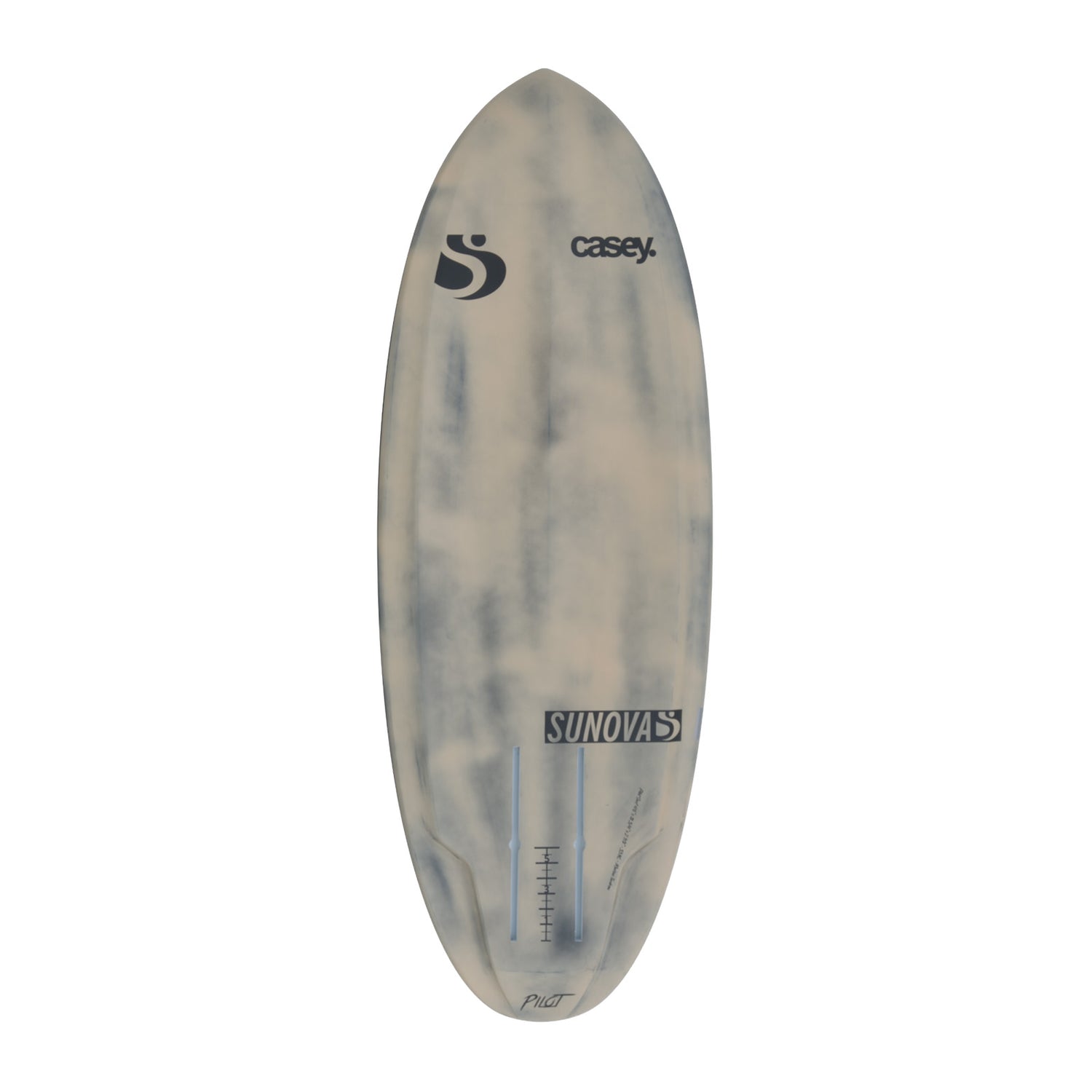 Ansicht der Unterseite des Sunova Casey Pilot Surf Pronefoil Board in der CarbonTec Bauweise.