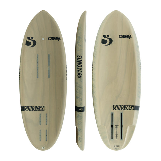 Drei Ansichten des Sunova Casey Pilot Surf Pronefoil Board in der TR3 Bauweise.