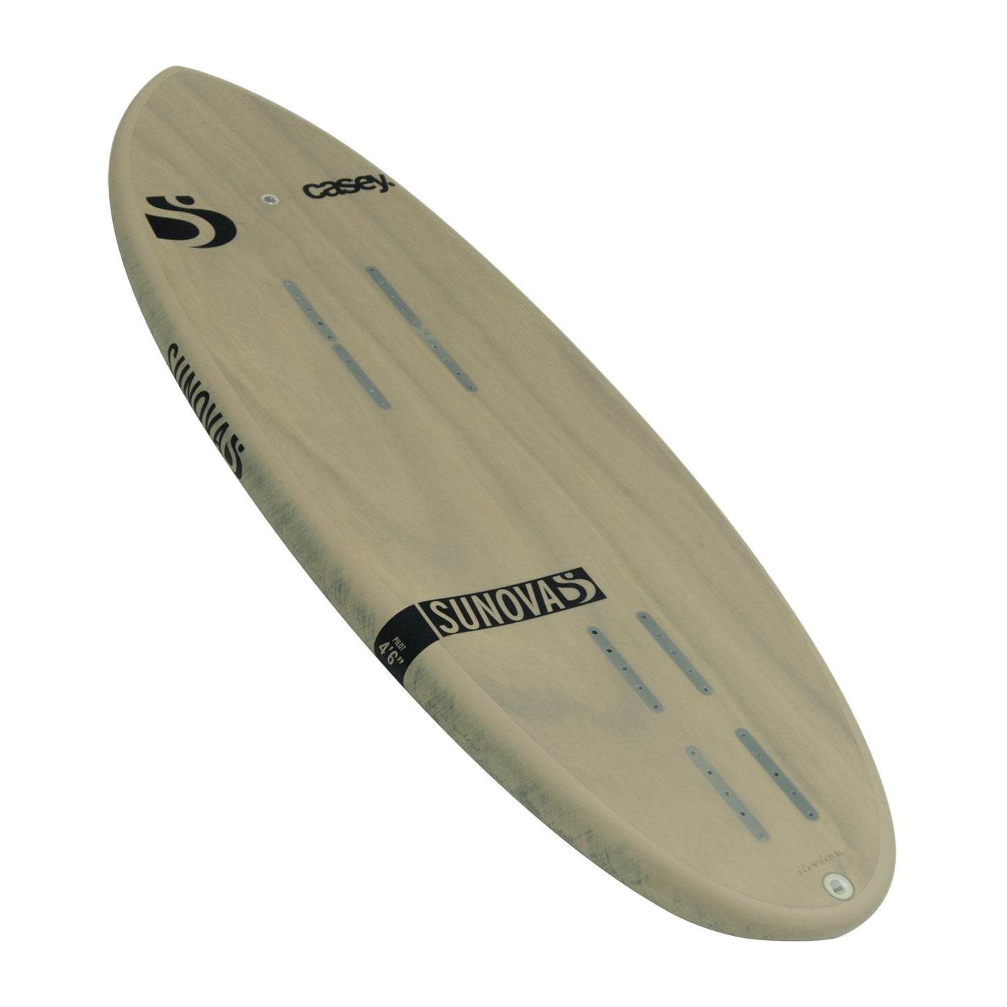 Perspektivische Heck Ansicht des Sunova Casey Pilot Surf Pronefoil Board in der TR3 Bauweise.