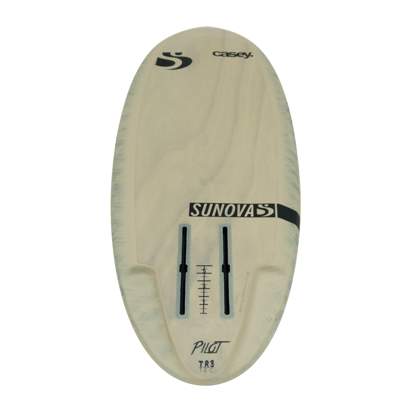 Heck Ansicht der Unterseite des Sunova Casey Pilot Surf Pronefoil Board in der TR3 Bauweise.