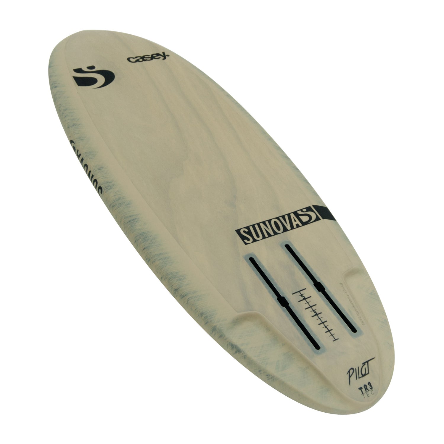 Perspektivische Heck Ansicht der Unterseite des Sunova Casey Pilot Surf Pronefoil Board in der TR3 Bauweise.