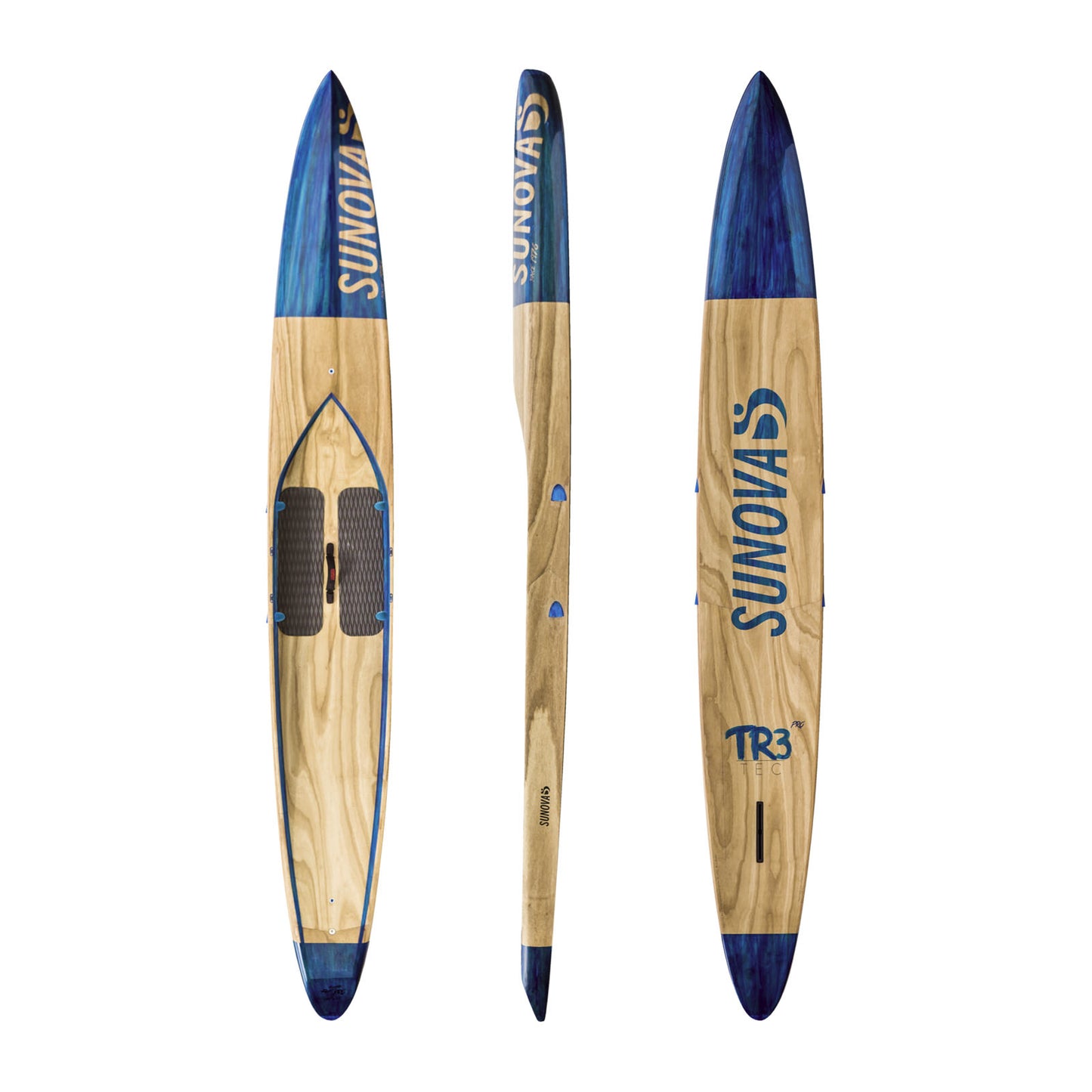 Drei Ansichten des Sunova Allwater Faast Pro Race SUP Board in der TR3 Bauweise.