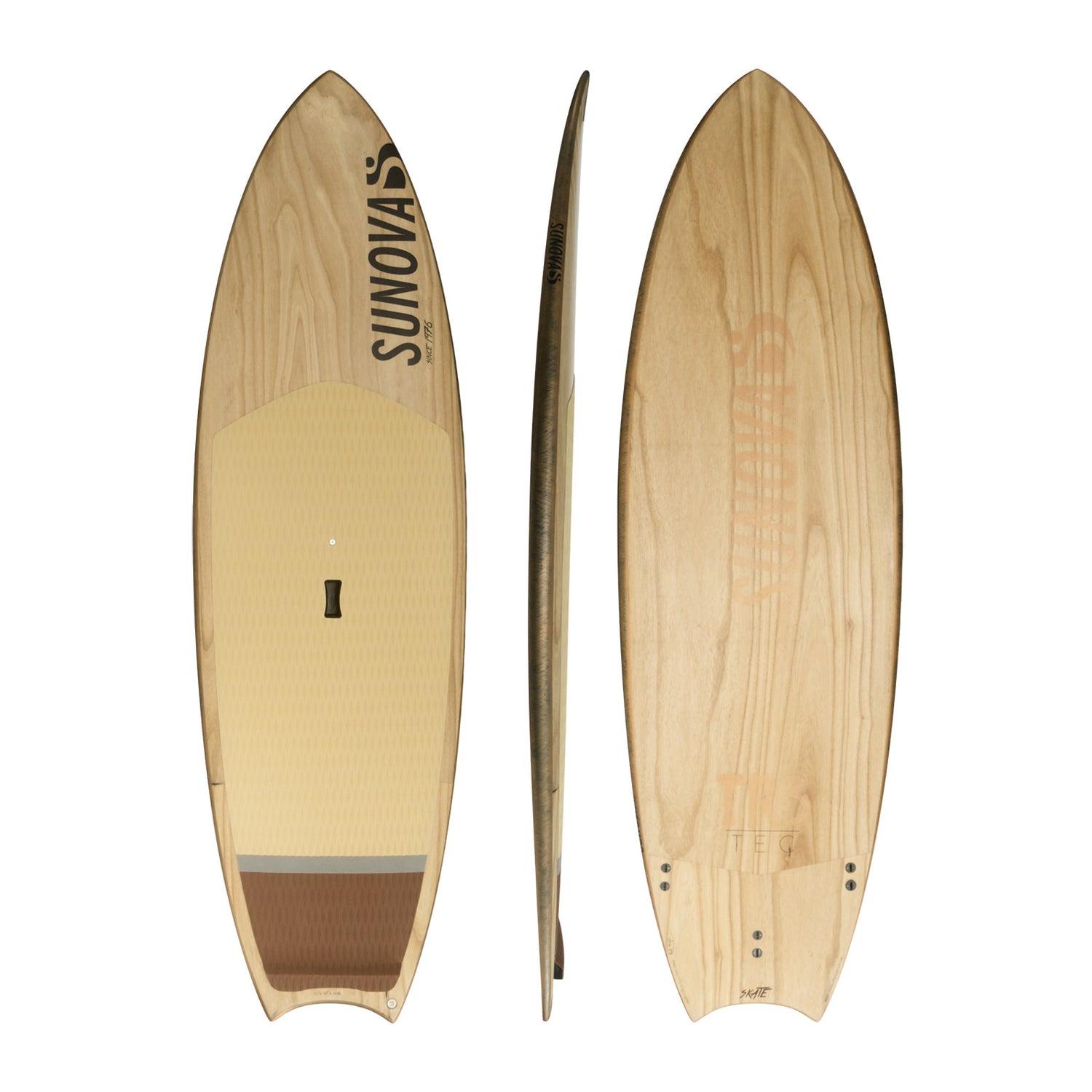 Drei Ansichten des Sunova Skate Wave SUP Board in der TR3 Bauweise.