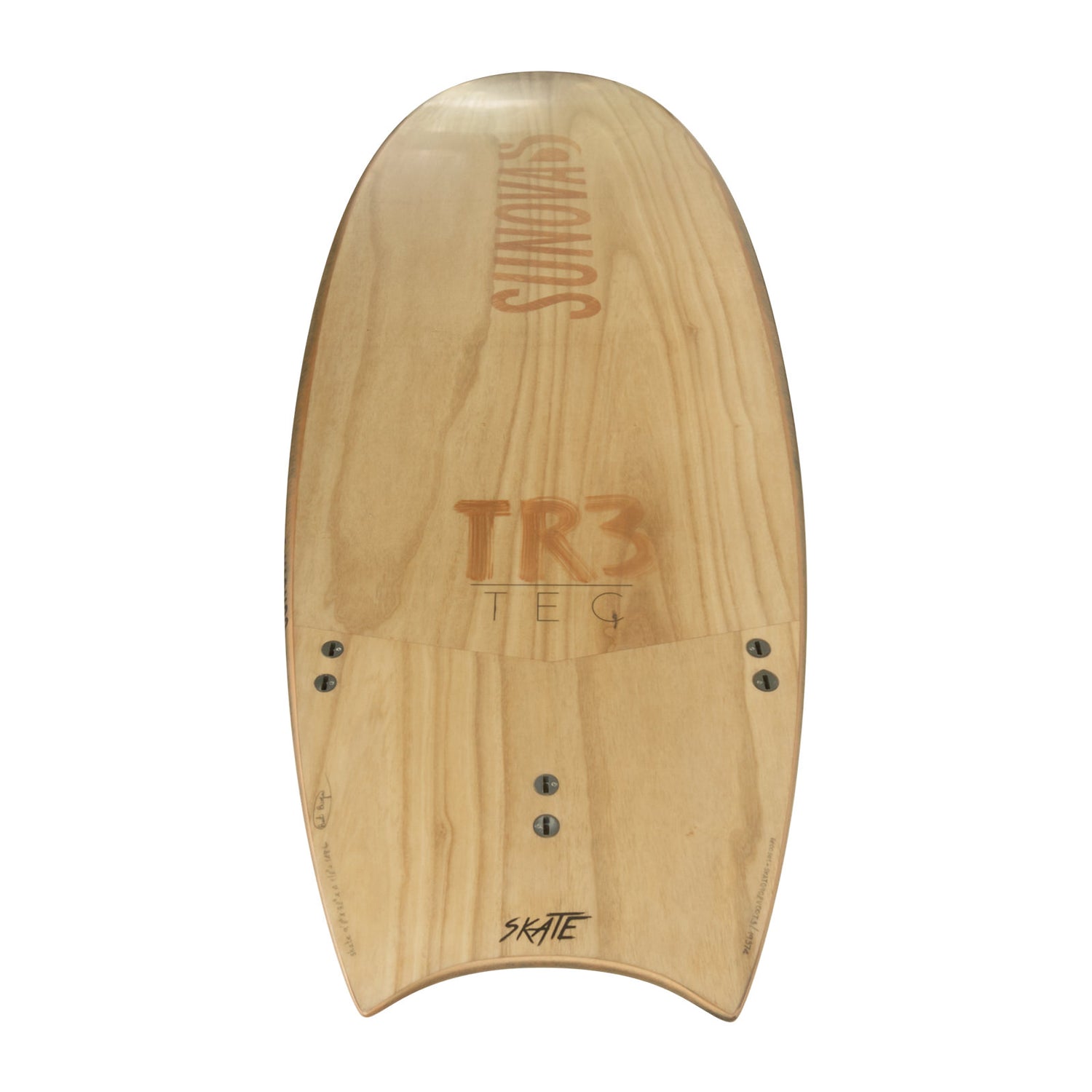 Heck Ansicht der Unterseite des Sunova Skate Wave SUP Board in der TR3 Bauweise.