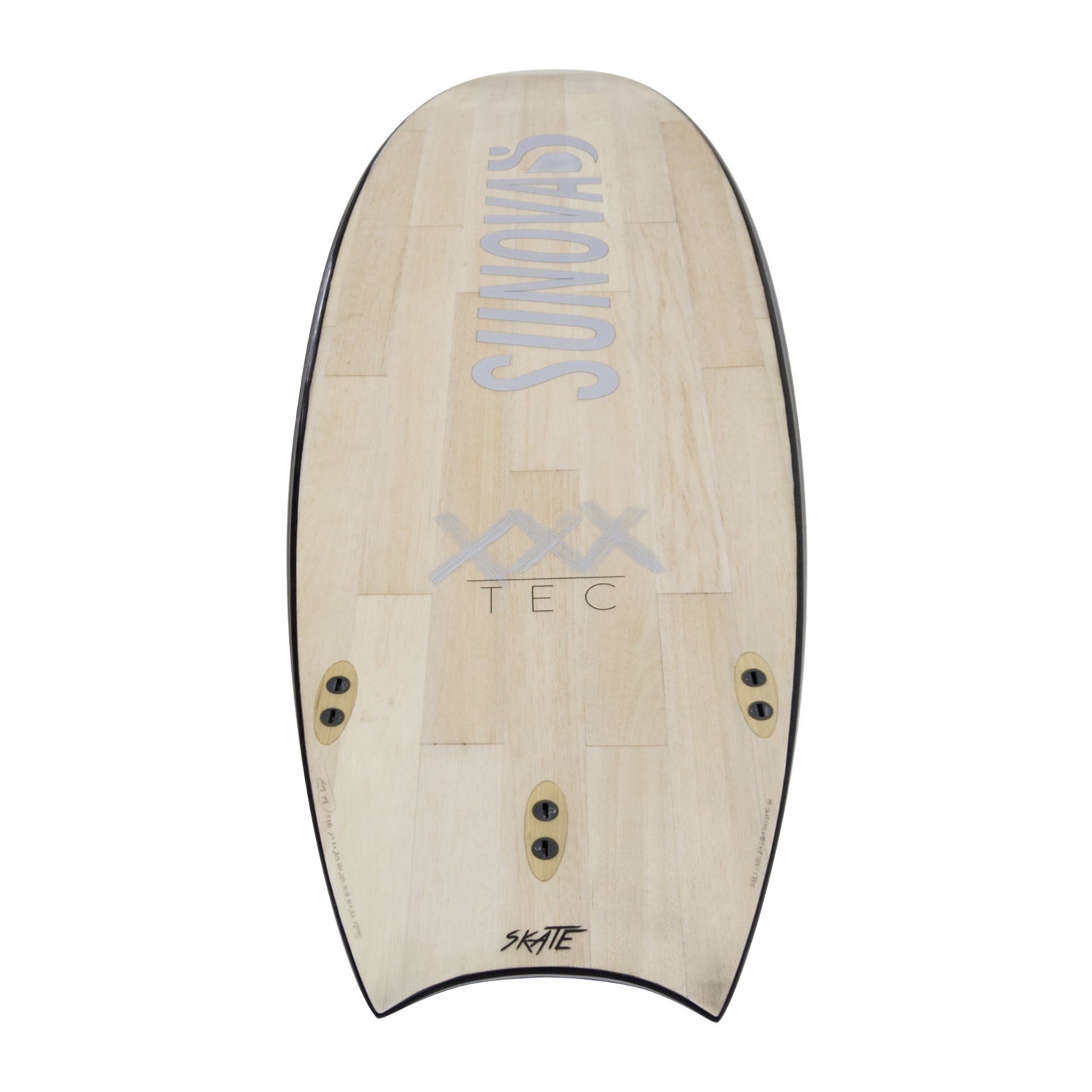 Heck Ansicht der Unterseite des Sunova Skate Wave SUP Board in der XXX Bauweise.