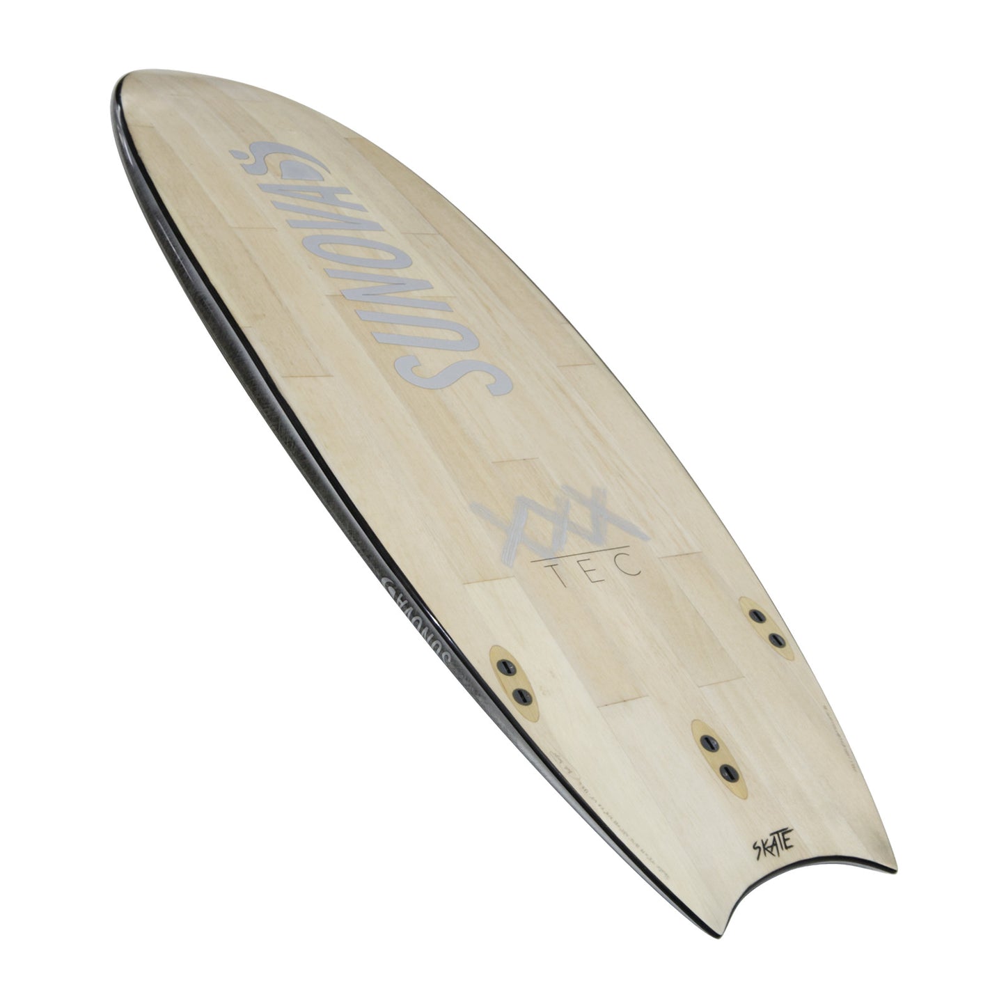 Perspektivische Heck Ansicht der Unterseite des Sunova Skate Wave SUP Board in der XXX Bauweise.