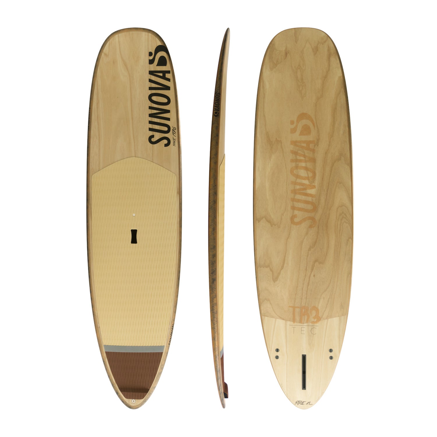 Drei Ansichten des Sunova Style Wave SUP Board in der TR3 Bauweise.