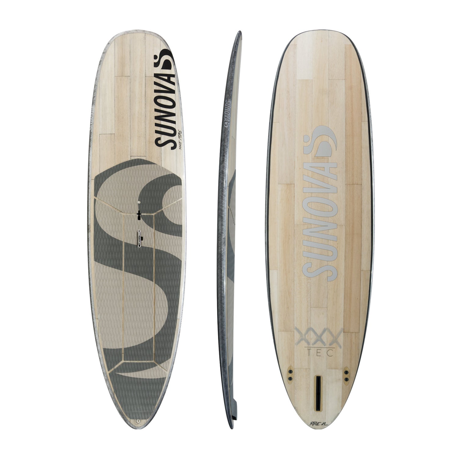 Drei Ansichten des Sunova Style Wave SUP Board in der XXX Bauweise.