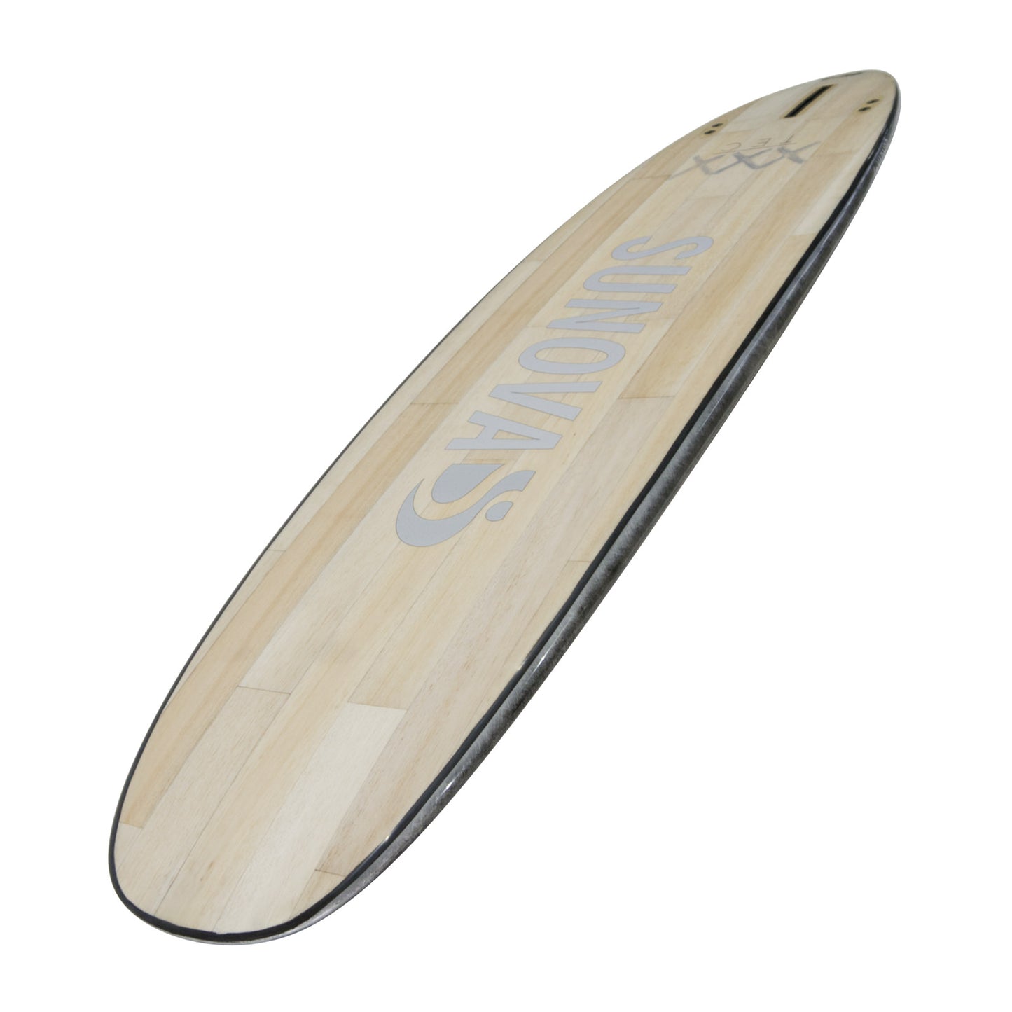 Perspektivische Ansicht der Unterseite des Sunova Style Wave SUP Board in der XXX Bauweise.
