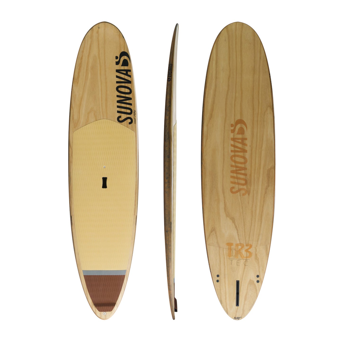 Drei Ansichten des Sunova Surf Wave SUP Board in der TR3 Bauweise.