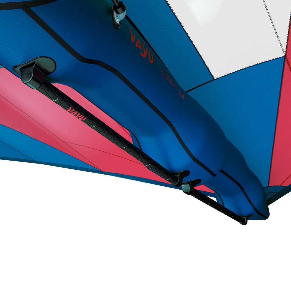 Detailansicht der Booms des Vayu VVing V2 Wingfoil Wing in blau-rot.