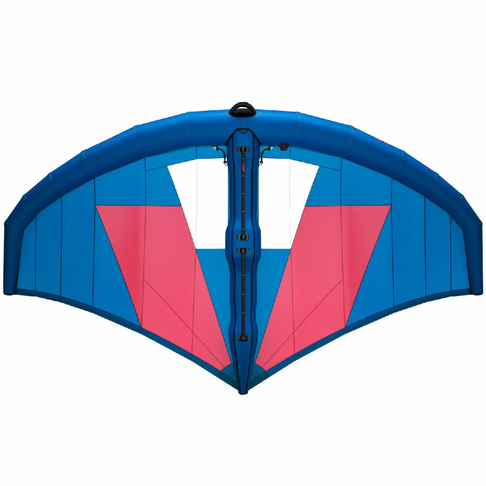 Ansicht der Unterseite des Vayu VVing V2 Wingfoil Wing in blau-rot.