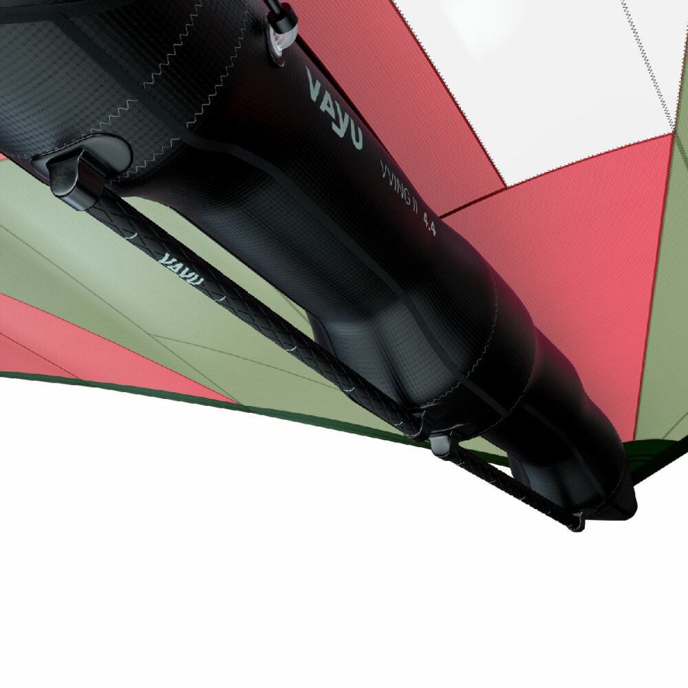 Detailansicht der Booms des Vayu VVing V2 Wingfoil Wing in rot-grün.