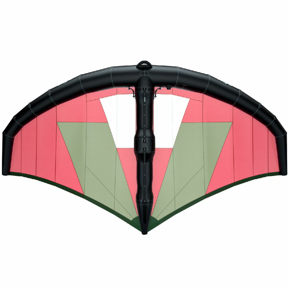 Ansicht der Unterseite des Vayu VVing V2 Wingfoil Wing in rot-green.