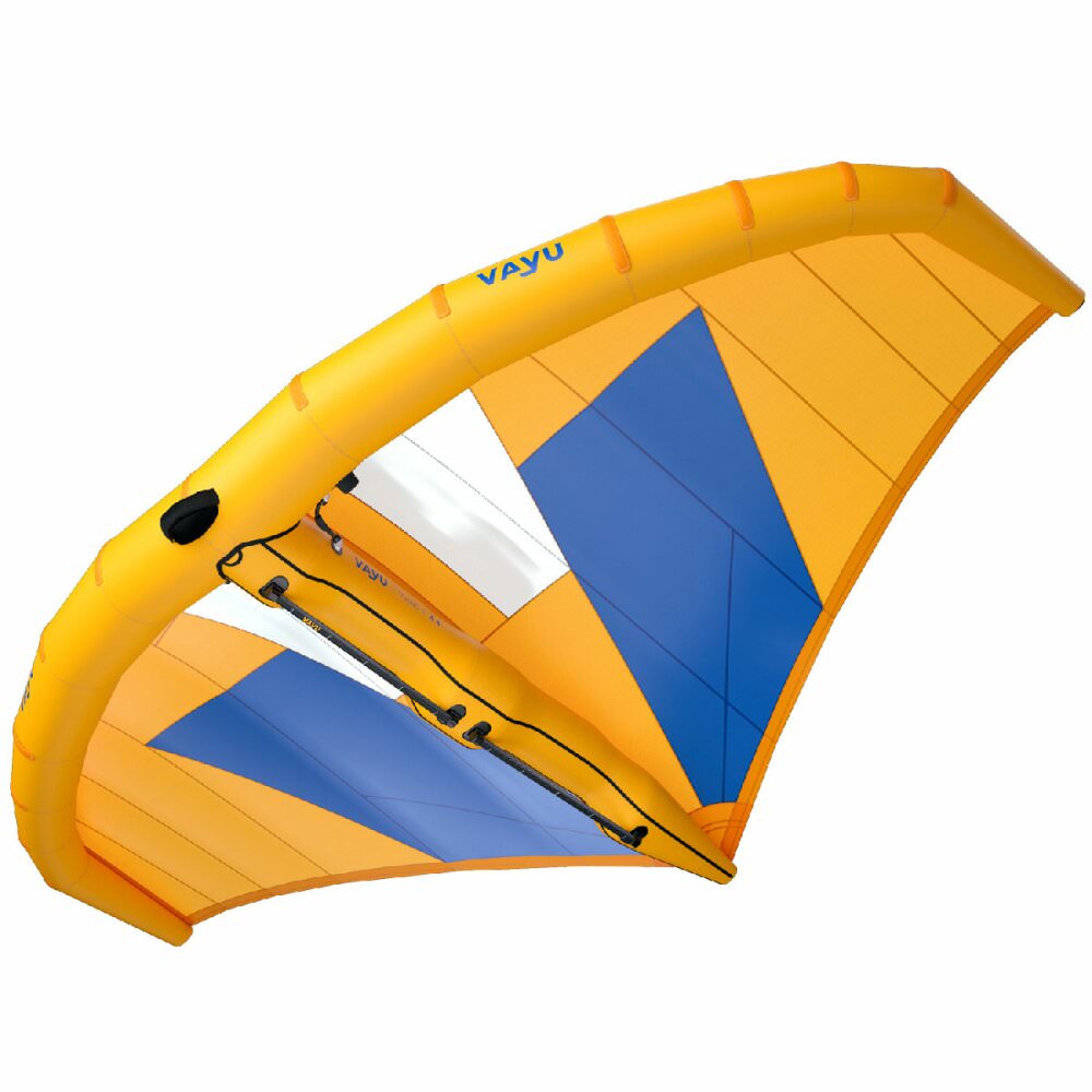 Perspektivische Ansicht der Unterseite Vayu VVing V2 Wingfoil Wing in gelb-blau.