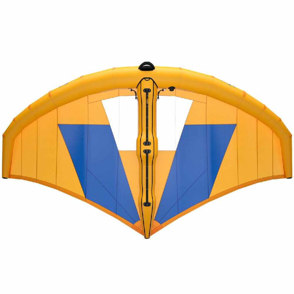 Ansicht der Unterseite des Vayu VVing V2 Wingfoil Wing in gelb-blau.